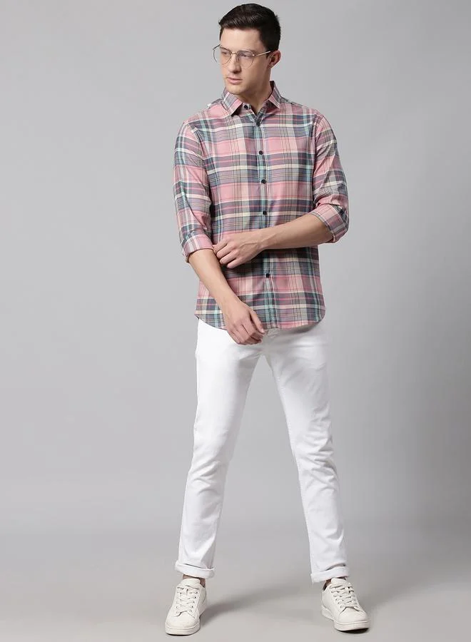 Dennis Lingo Pink Slim Fit Pink Men's Checkered Shirt, Spread Collar, Full Sleeves, 100% Cotton, for Men | Best Price UAE
