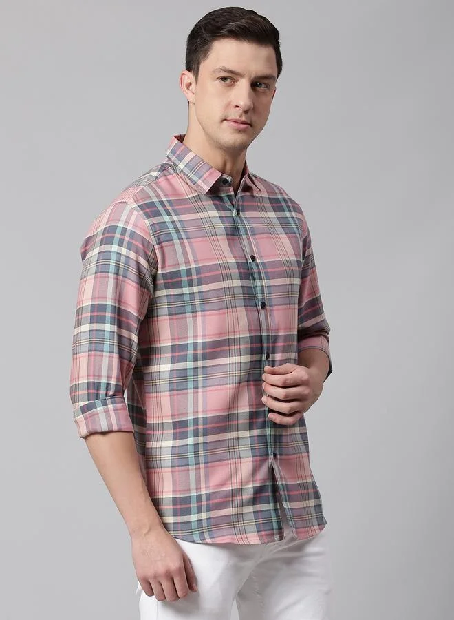 Dennis Lingo Pink Slim Fit Pink Men's Checkered Shirt, Spread Collar, Full Sleeves, 100% Cotton, for Men | Best Price UAE
