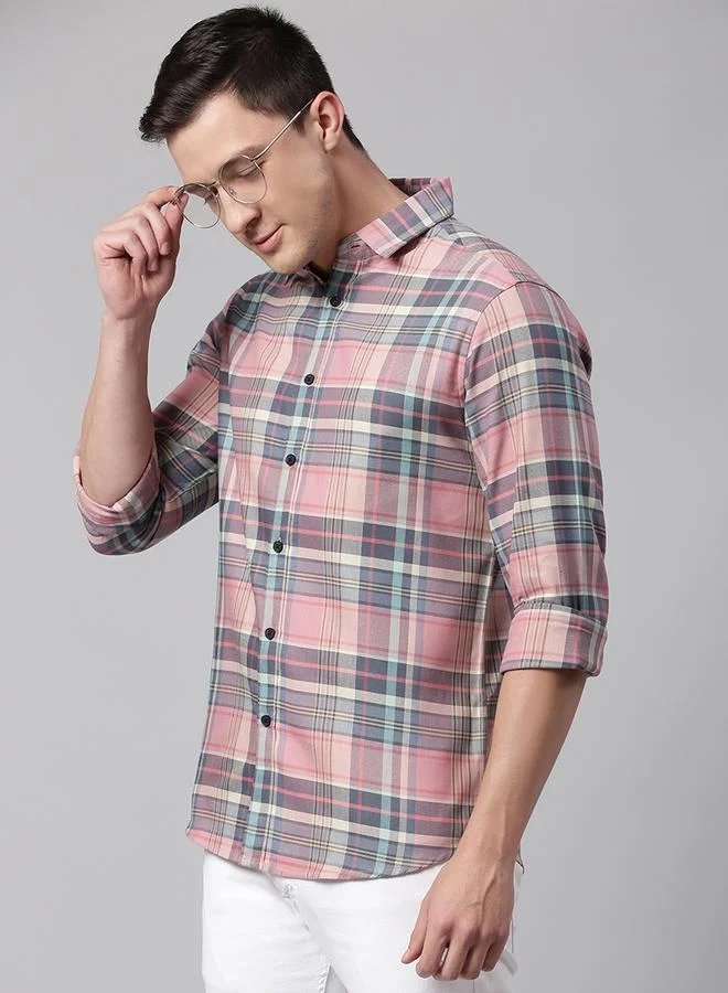 Dennis Lingo Pink Slim Fit Pink Men's Checkered Shirt, Spread Collar, Full Sleeves, 100% Cotton, for Men | Best Price UAE