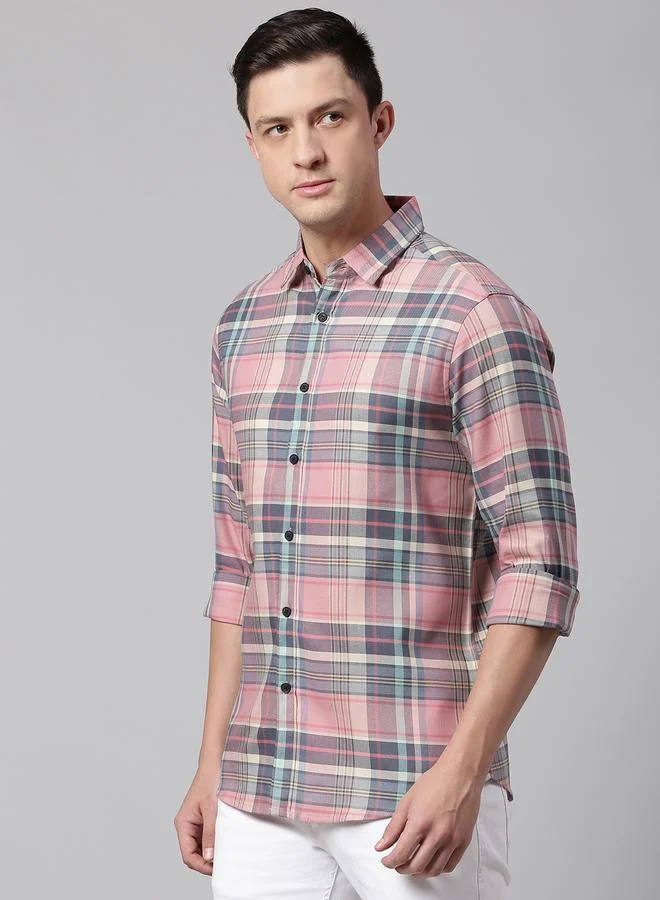 Slim Fit Pink Men's Checkered Shirt, Spread Collar, Full Sleeves, 100% Cotton,