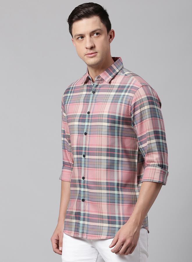 Dennis Lingo Slim Fit Pink Men's Checkered Shirt, Spread Collar, Full Sleeves, 100% Cotton, - Image 1