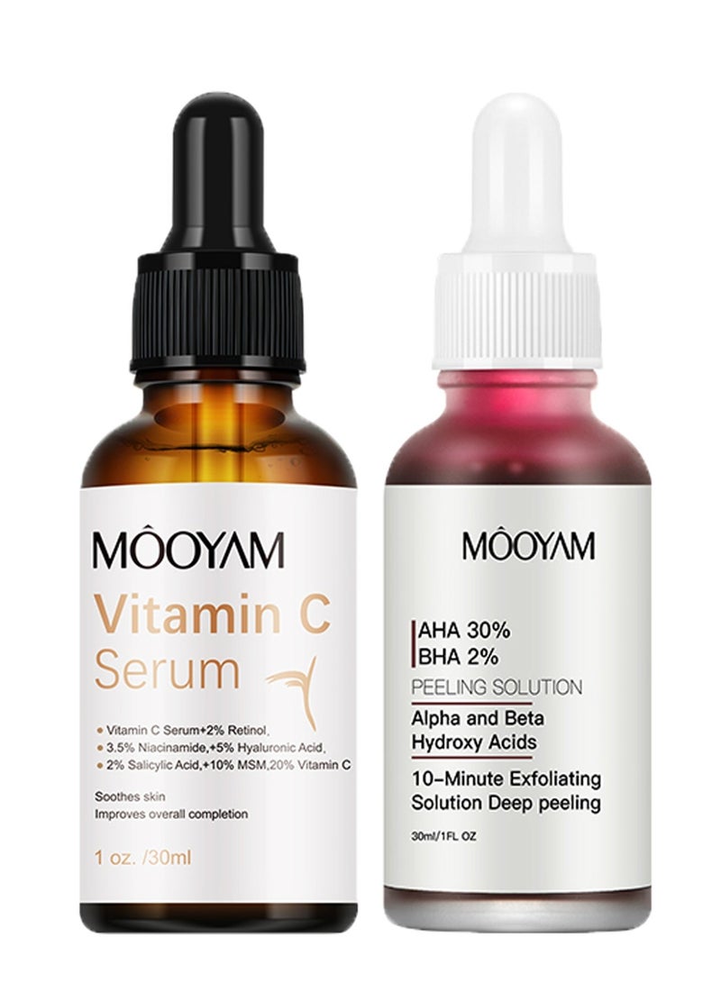 موويام مجموعة سيروم فيتامين C ومحلول تقشير 30٪ AHA و 2٪ BHA للوجه لعلاج مكافحة الشيخوخة والتقشير يقلل من التجاعيد والبقع الداكنة وعيوب حب الشباب يحسن لون البشرة وملمسها - Image 1