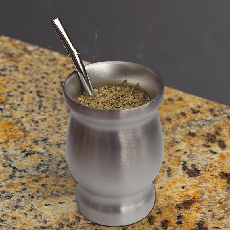Beruth Bombilla Yerba Mate Gourd, 8oz Stainless Steel Tea Cup Set with Lid, Two Straws and Cleaning Brushes, Double Walled Coffee Mug Heat Insulation Anti Scalding （Bright Silver） - Image 5