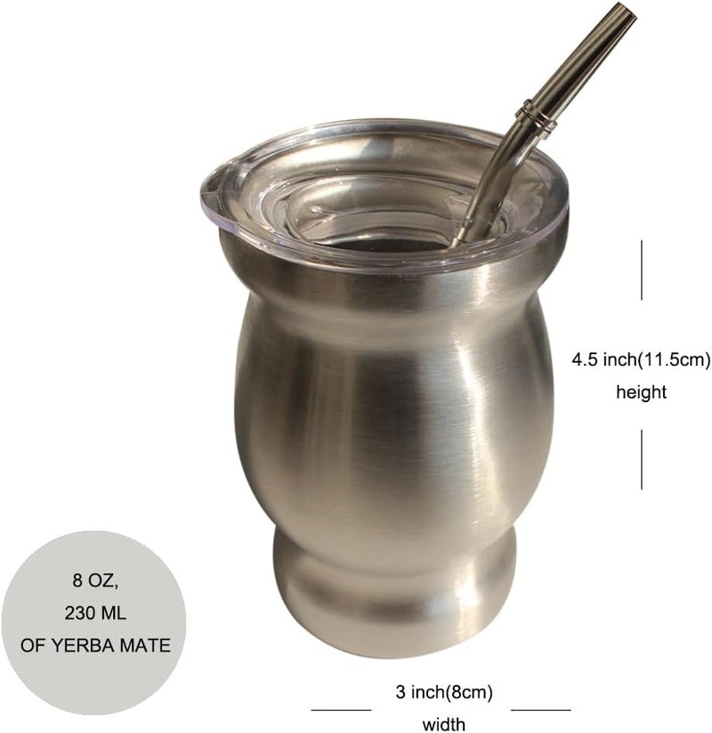 Beruth Bombilla Yerba Mate Gourd, 8oz Stainless Steel Tea Cup Set with Lid, Two Straws and Cleaning Brushes, Double Walled Coffee Mug Heat Insulation Anti Scalding （Bright Silver） - Image 3