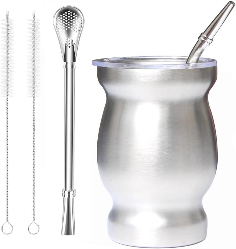 Beruth Bombilla Yerba Mate Gourd, 8oz Stainless Steel Tea Cup Set with Lid, Two Straws and Cleaning Brushes, Double Walled Coffee Mug Heat Insulation Anti Scalding （Bright Silver） - Image 1