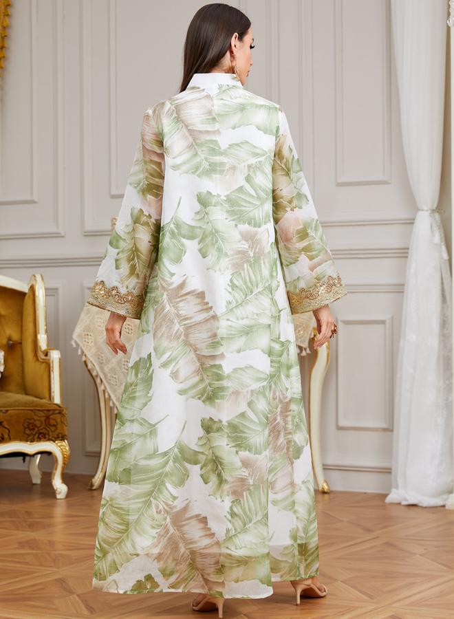 Take Two Green Leaf Print Jalabiya with Lace Patch - Image 4