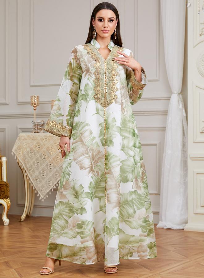Take Two Green Leaf Print Jalabiya with Lace Patch - Image 3