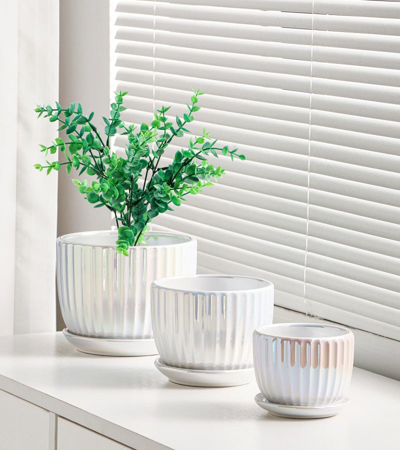 Ton Sin White Plant Pots,Pearl Gold Ceramic Flower Pots 4"+5"+6" Inch Indoor Succulent Pot with Drainage Hole - Decorative Orchid Pots and Herb Pots Set of 3 - Image 5