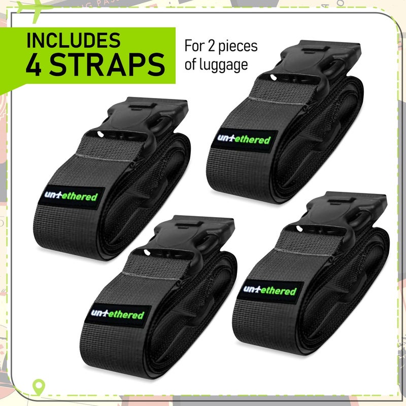 Untethered Untethered 4-Pack Luggage Straps | Suitcase Strap, Luggage Strap, Luggage Belt Strap, Luggage Straps for Suitcases TSA Approved, Suitcase Belt Strap, Bag Straps for Luggage. Buckle Straps and Wraps.  - Image 4