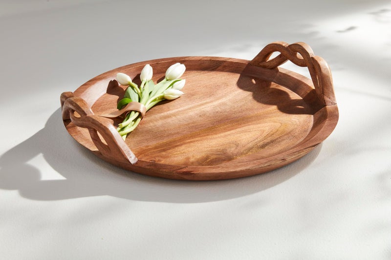 Mud Pie Wood Braided Handle Tray; 18" dia - Image 2