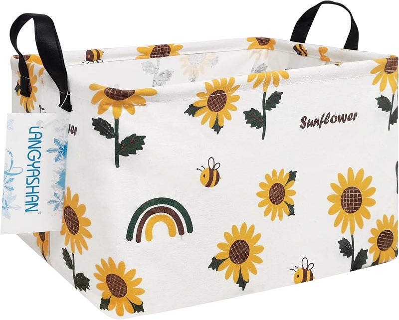 LANGYASHAN Rectangular Storage Bin Collapse Canvas Fabric Cartoon Storage Basket with Handles for Organizing Home Kitchen Boys and Girls Toys Office Closet Shelf Baskets(Rec Sunflower) - Image 1