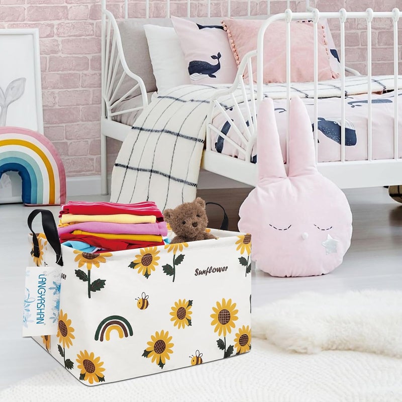 LANGYASHAN Rectangular Storage Bin Collapse Canvas Fabric Cartoon Storage Basket with Handles for Organizing Home Kitchen Boys and Girls Toys Office Closet Shelf Baskets(Rec Sunflower) - Image 5