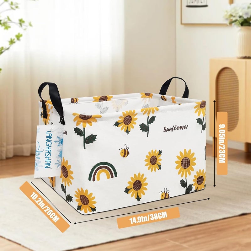 LANGYASHAN Rectangular Storage Bin Collapse Canvas Fabric Cartoon Storage Basket with Handles for Organizing Home Kitchen Boys and Girls Toys Office Closet Shelf Baskets(Rec Sunflower) - Image 2