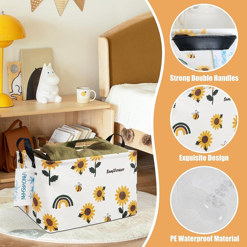 LANGYASHAN Rectangular Storage Bin Collapse Canvas Fabric Cartoon Storage Basket with Handles for Organizing Home Kitchen Boys and Girls Toys Office Closet Shelf Baskets(Rec Sunflower) - Image 3
