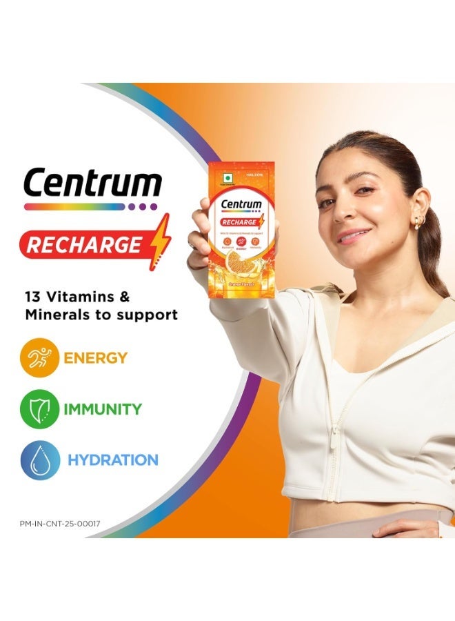 Centrum Recharge: Tasty Orange Flavoured Powder Drink Mix | No Added Sugar| Instant Energy & Hydration | 13 Vitamins & Minerals | Boosts Immunity | Vitamin B, C, Zinc, Magnesium | Pack of 36 sachets - Image 2