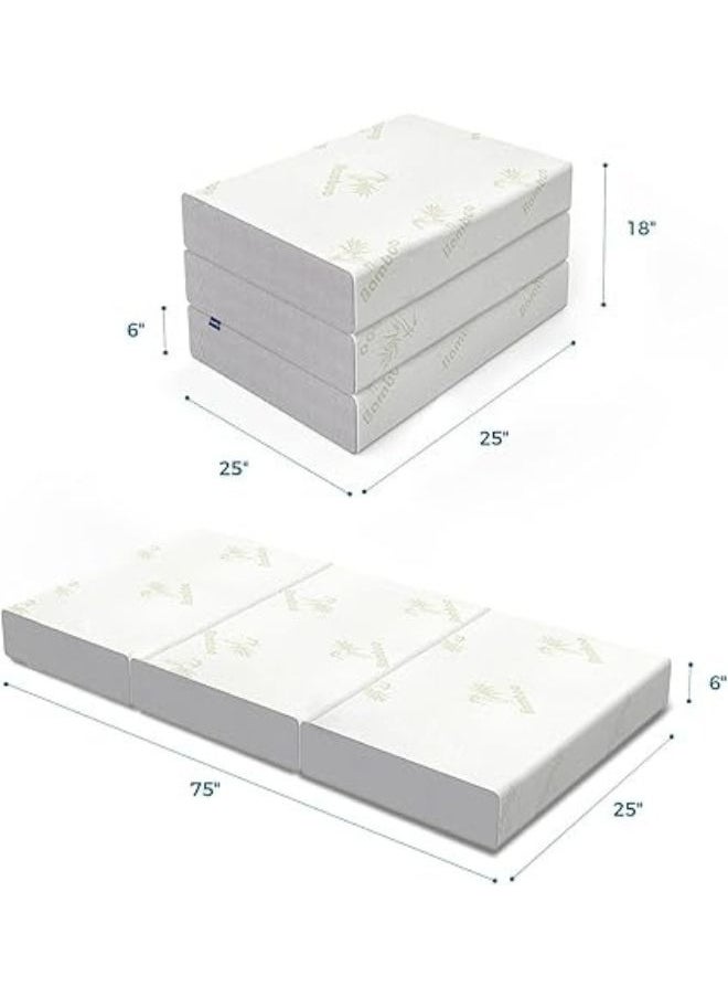 Harmony Home - Harmony Home 6-Inch Tri-Folding Mattress - Double Size with Storage Bag, Foldable Memory Foam Topper, Portable Floor Guest Bed with Removable Bamboo Cover (120 x 180 cm) - Image 1