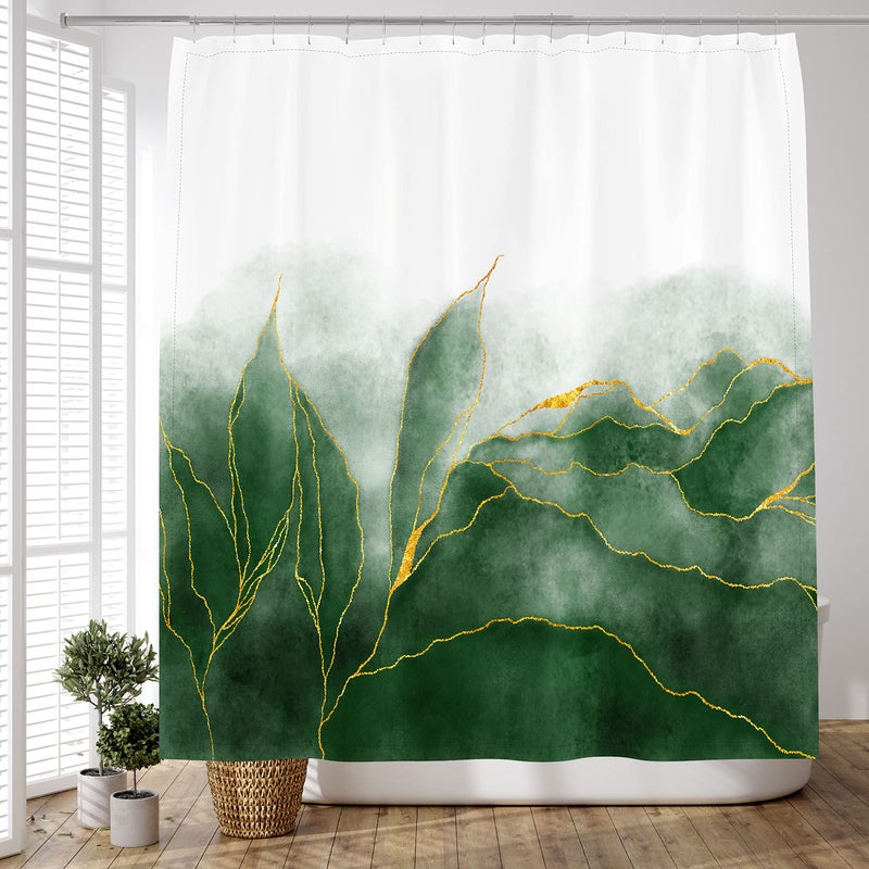 De-Mediocre Marble Shower Curtain Ombre Green Gold Modern Bathroom Art Decor Emerald Green Golden Fabric Waterproof Polyester 72 x 72 Inches - Image 2