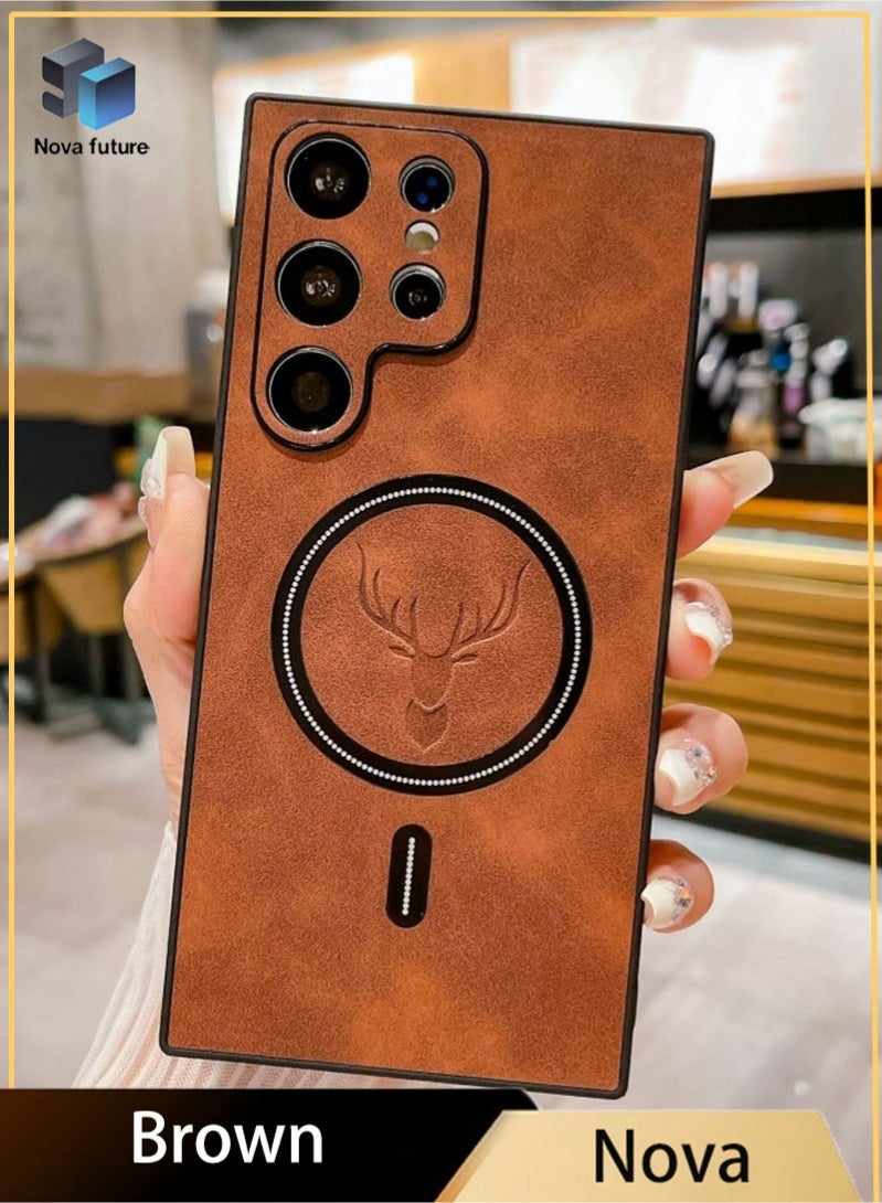 Nova future Lambskin Leather Elk Pattern Case For Samsung S23 Ultra Shockproof Magnetic For Magsafe Wireless Charge Cover Soft Faux Leather Phone Case,[Compatible with Mag-Safe] Premium Protective Cover (Brown) - Image 1