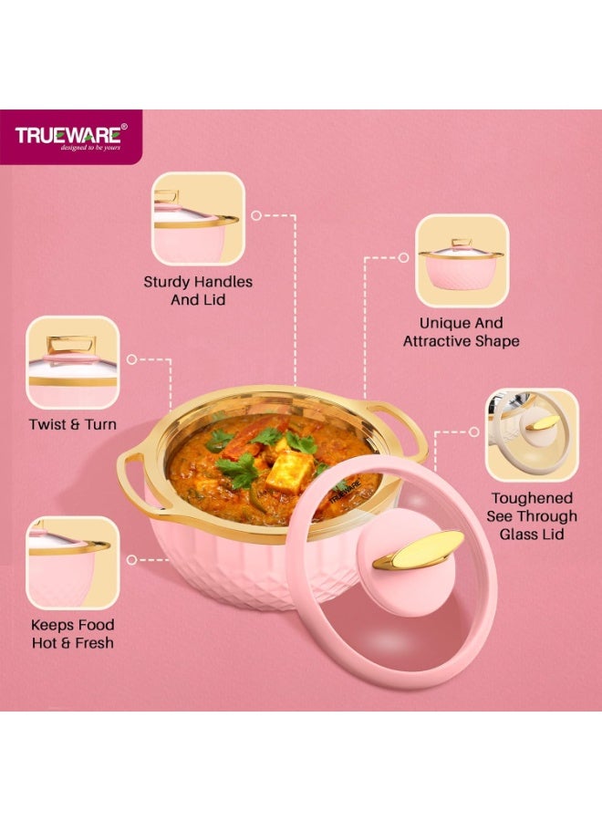 Trueware Classic Inner Steel with See Through Toughened Glass Lid Casserole | 2500 ml, Pink | PU Insulated | BPA Free | Oduor Proof | Food Grade | Ideal for Chapatti | Roti | Curd Maker | Hot Pot - Image 4