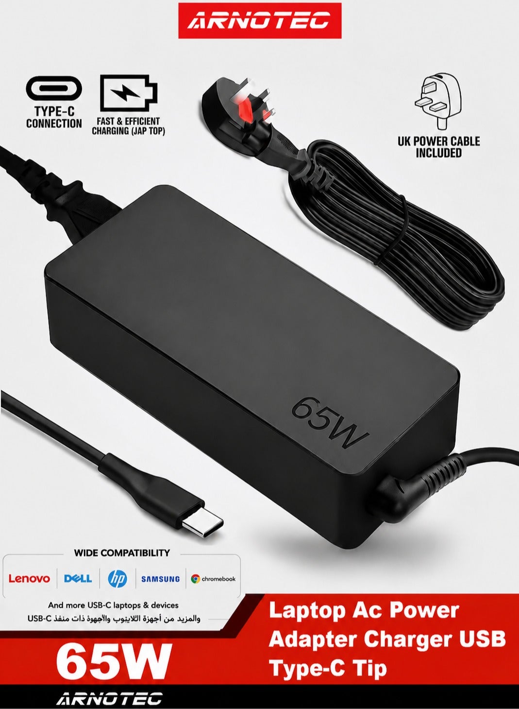 65W USB Type-C Power Adapter for Lenovo, Dell, Samsung, HP Chromebooks & USB-C Laptops, AC Charger with Overcurrent and Overvoltage Protection