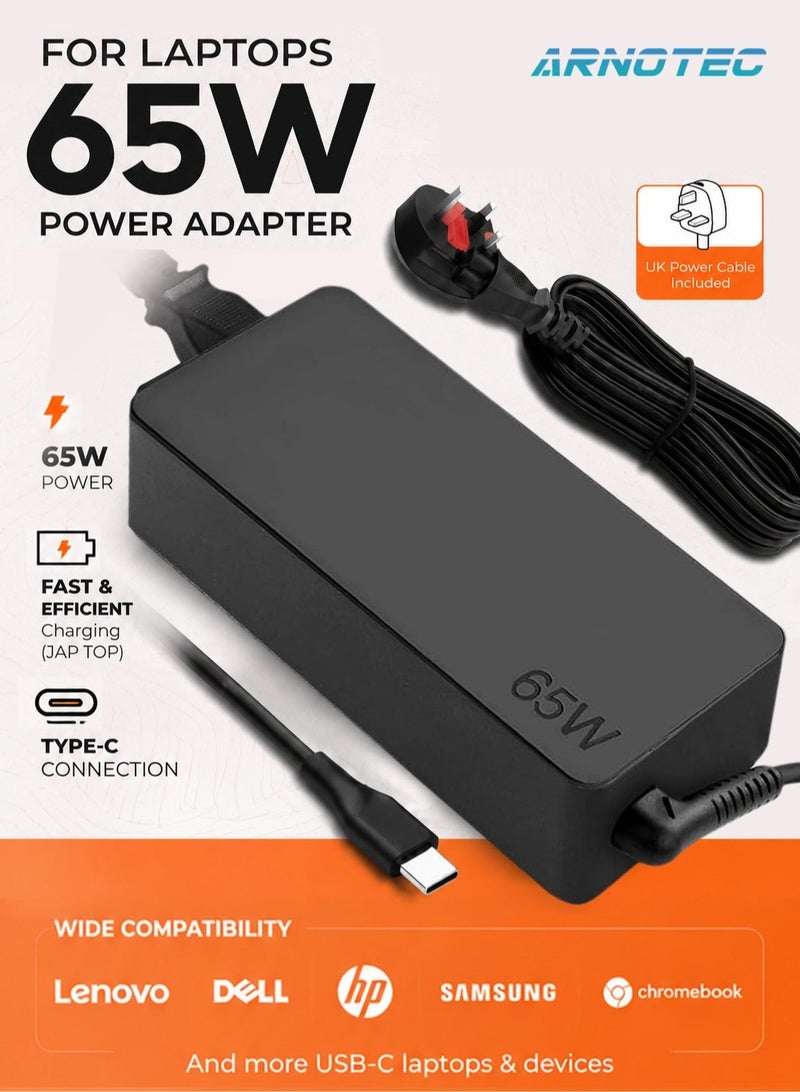 ARNOTEC 65W USB Type-C Power Adapter for Lenovo, Dell, Samsung, HP Chromebooks & USB-C Laptops, AC Charger with Overcurrent and Overvoltage Protection - Image 1