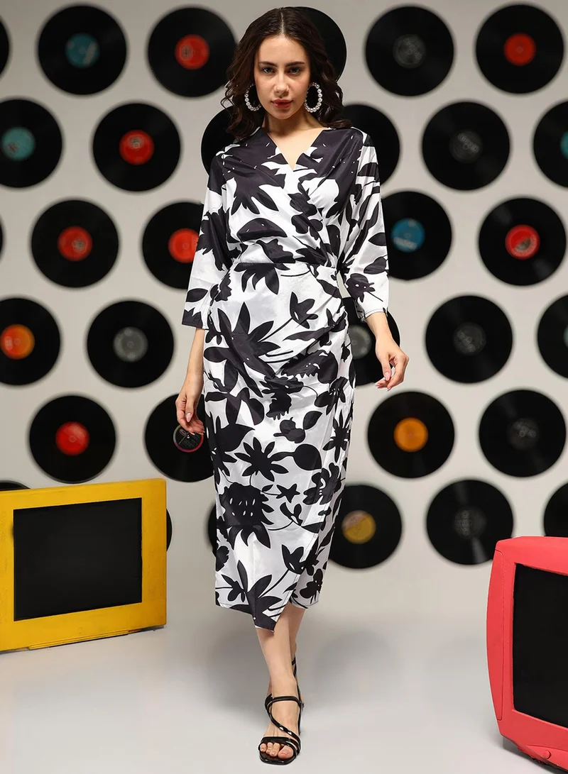 PINACOLADA Women's Ivory White:Obsiadian Black Contrast Botanical Dress For Casual Wear | V Neck | Quarter Sleeves | Zipper Closure | Dress Designed With Comfortable Fit For Woman & Girls