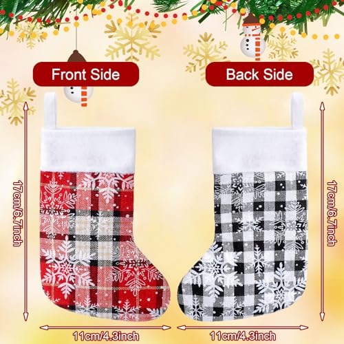 Skylety 24 Pcs Small Christmas Stockings Bulk 7 Mini Buffalo Plaid Xmas Stocking with Snowflakes Pattern Plush Cuff Xmas Tree Hanging Ornaments for Holiday Mantel Door Window Home Decorations - Image 3