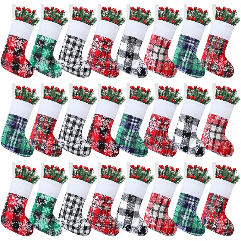Skylety 24 Pcs Small Christmas Stockings Bulk 7 Mini Buffalo Plaid Xmas Stocking with Snowflakes Pattern Plush Cuff Xmas Tree Hanging Ornaments for Holiday Mantel Door Window Home Decorations - Image 2