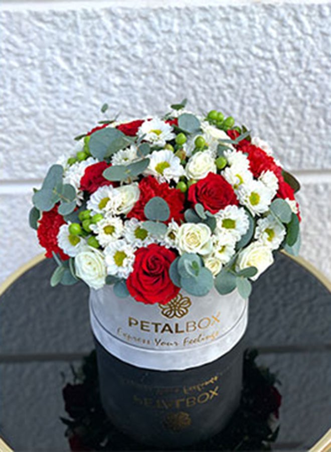 Red Roses,White Spray Roses,Red Carnations,Green Hypericum