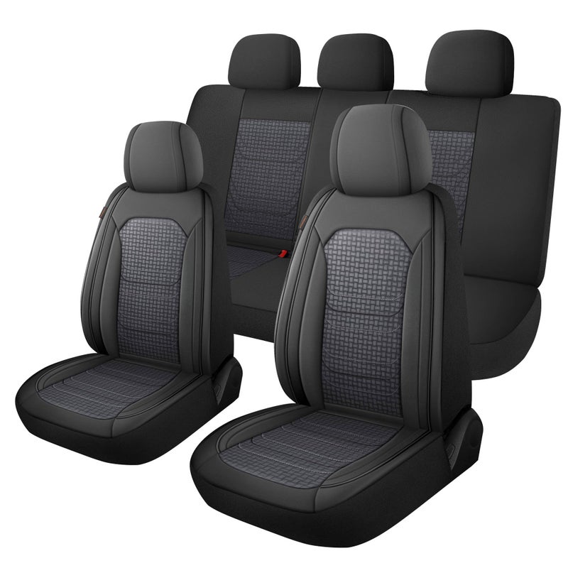 CAROMOP Premium PU Leather&Flannel Car Seat Covers Full Seats,Split Bench Compatible Car Interior Covers, Universal Fit Most Car Sedan Truck SUV(5-Seat Black/Grey) - Image 1