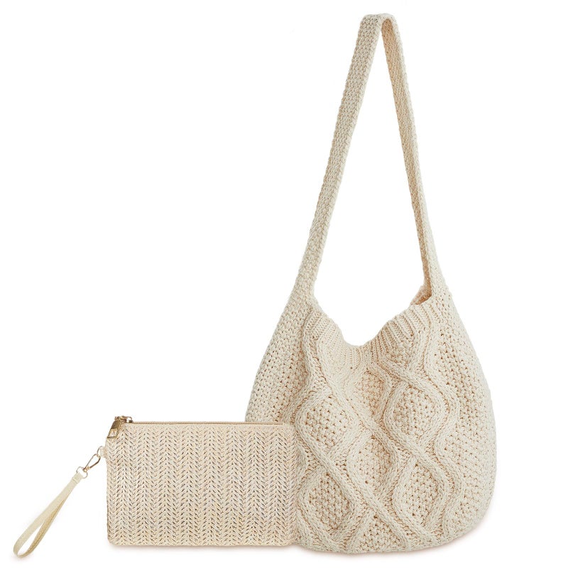Clysee Crochet Bag for Women Crochet Tote Bag with Wristlet Wallet Bohemian Aesthetic Shoulder Handbag for Women Summer Beach(Elegant Style) - Image 1