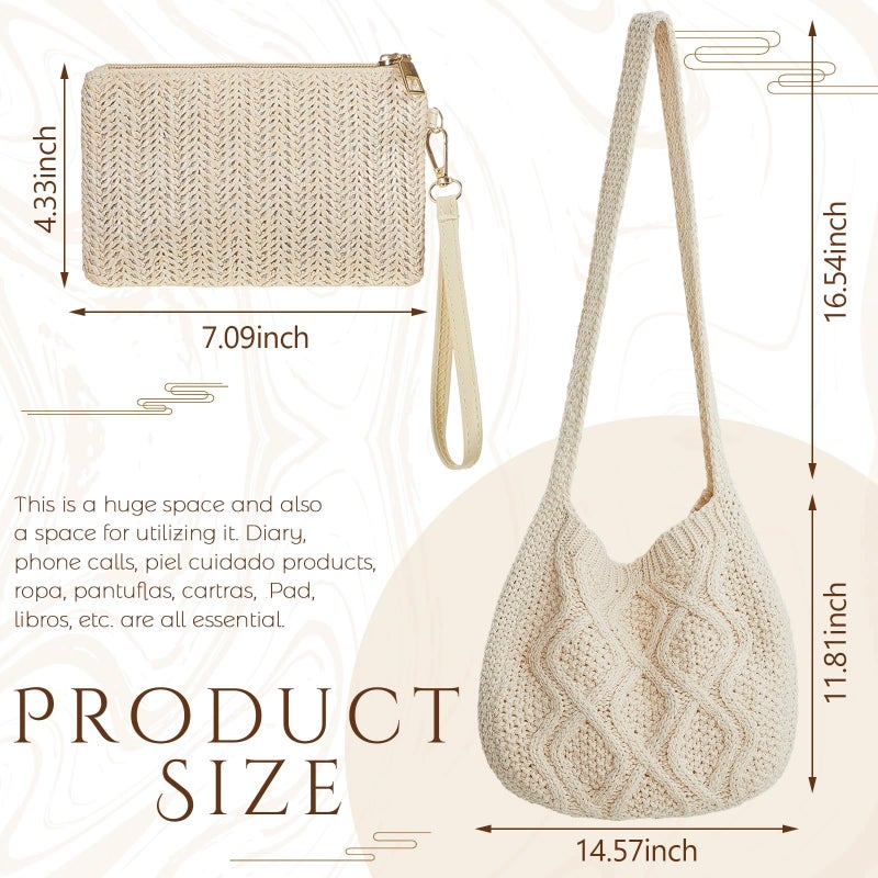 Clysee Crochet Bag for Women Crochet Tote Bag with Wristlet Wallet Bohemian Aesthetic Shoulder Handbag for Women Summer Beach(Elegant Style) - Image 3