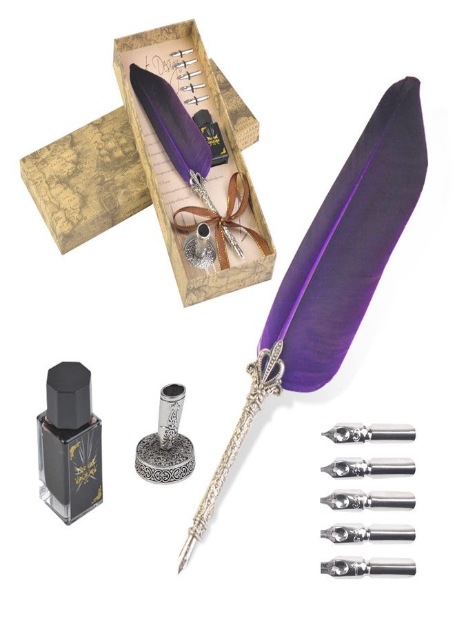 URBAN BOX Quill Pen, Handcrafted Quill Pen and Ink Set, Antique Dip Feather Pen Set Calligraphy Pen Set Writing Quill Ink Dip Pen with Ink Pen Holder Gift Set (Purple) - Image 1