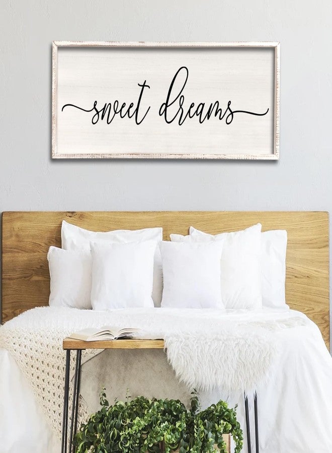 Surfapans Sweet Dreams Wall Decor Above Bed 40''×15'' Master Bedroom Large Sweet Dreams Sign Farmhouse Wall Decor Guest Room Wood Rustic Framed Over Bed Wall Art Hanging Decoration (White) - Image 1
