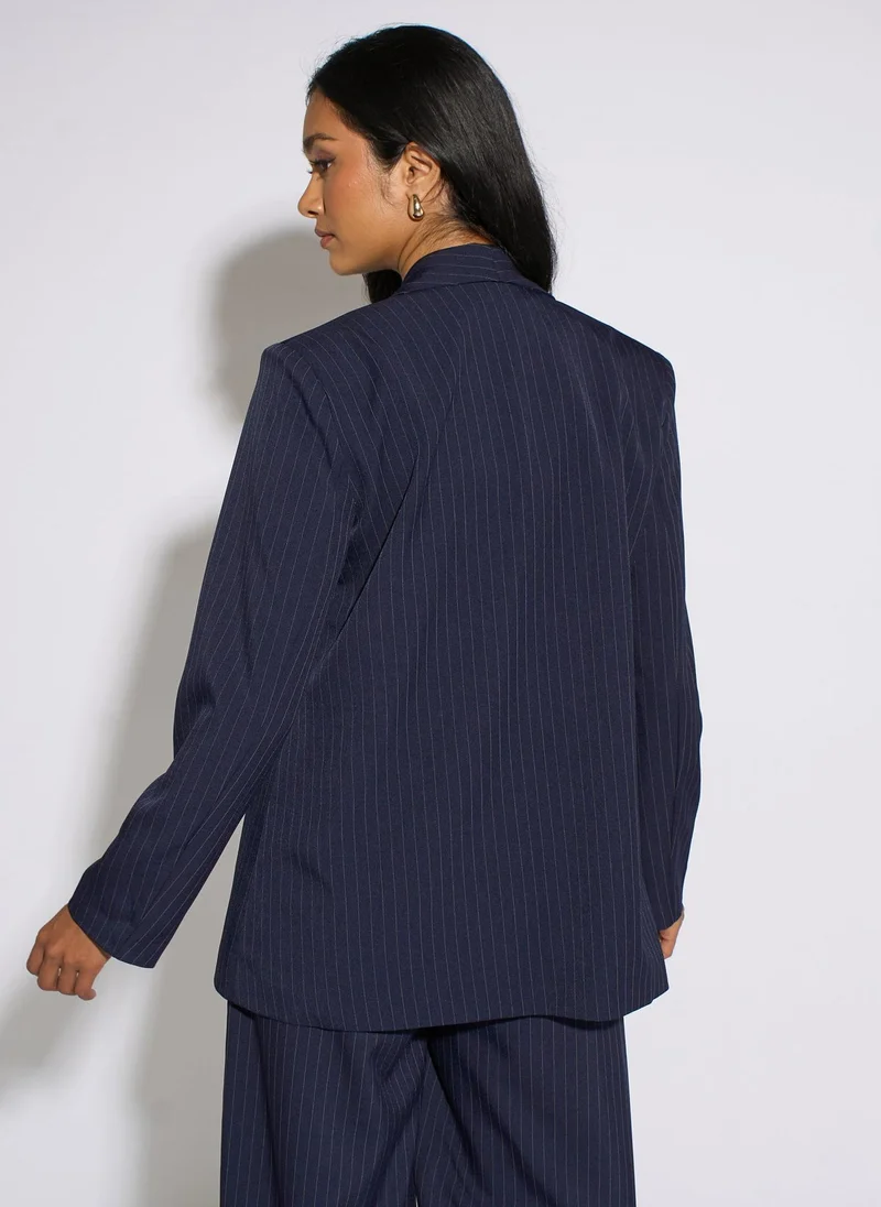 Gini London  Navy Stripe Contrast Sleeve Edge To Edge Blazer for Women | Best Price UAE