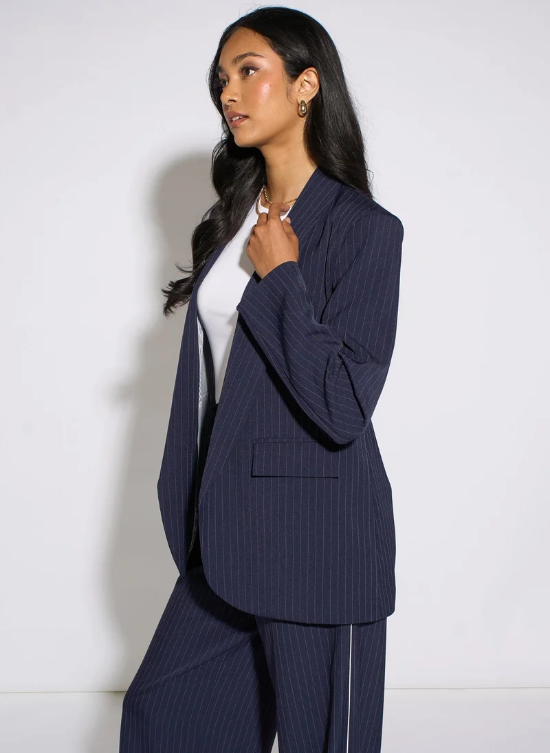 Gini London  Navy Stripe Contrast Sleeve Edge To Edge Blazer for Women | Best Price UAE
