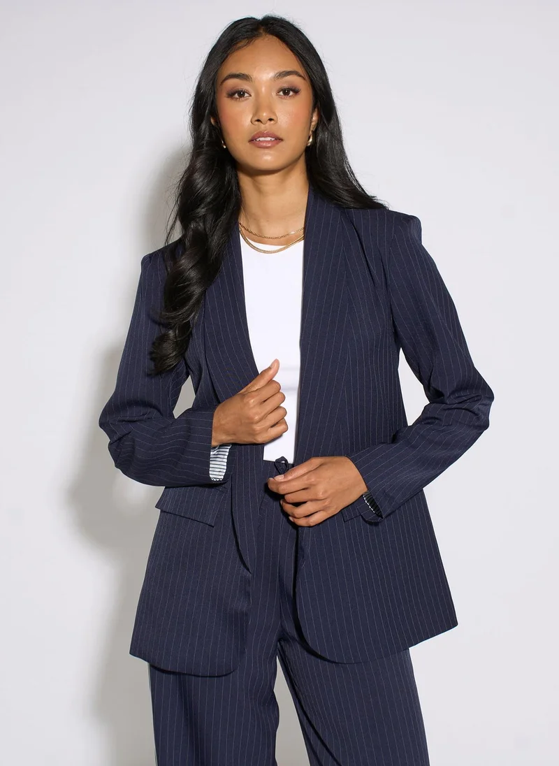 Navy Stripe Contrast Sleeve Edge To Edge Blazer