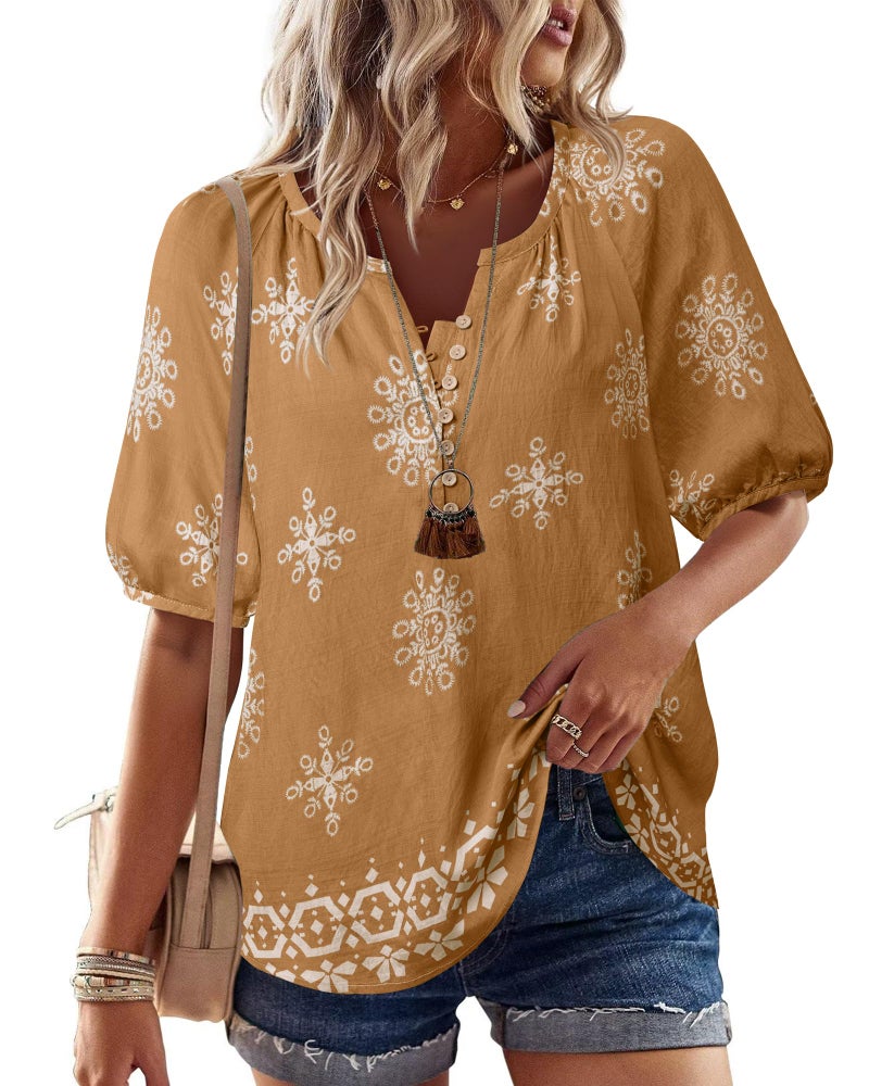 Unixseque Casual Tops for Women:Short Sleeve Summer V Neck Floral - Womens Blouses Dressy Casual - Flowy Floral Blouses Spring Outfits Ladies Vacation Tops Coffee - Image 1