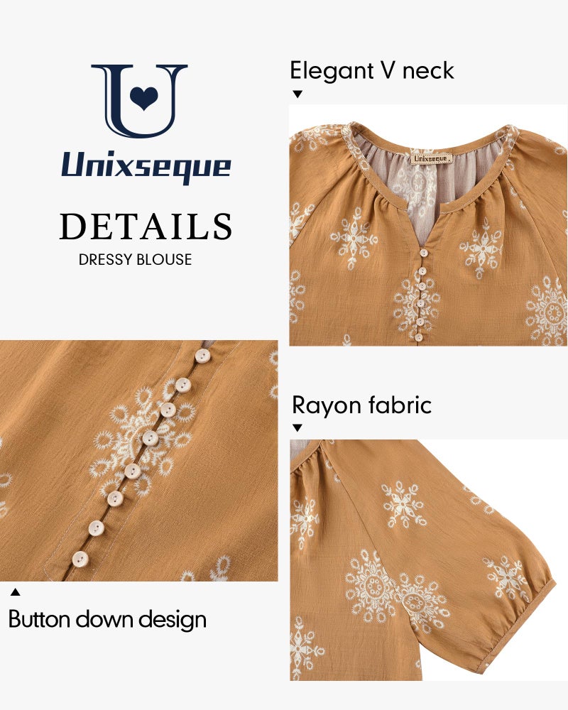 Unixseque Casual Tops for Women:Short Sleeve Summer V Neck Floral - Womens Blouses Dressy Casual - Flowy Floral Blouses Spring Outfits Ladies Vacation Tops Coffee - Image 4