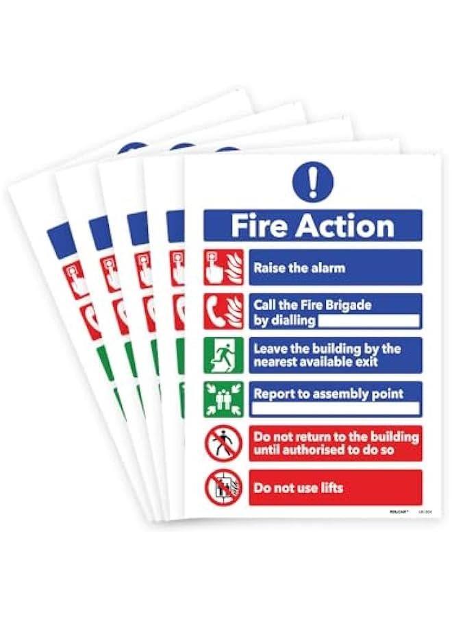 Fire Action Notice Sign Safety Fire Evacuation Procedure Sign, Fire Exit Sign with Emergency Number and Fire Alarm Guidelines in Fire Emergency, Fire Signs Pack of 5-200m x 300mm  - Image 1