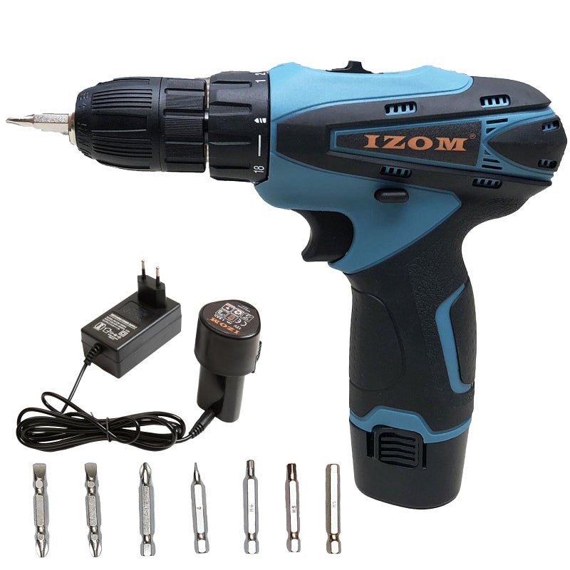 IZOM 12V Cordless Drill Machine Set 10 Pcs, 1350 RPM, 10mm Keyless Chuck, Reverse Rotation,1500Mah Battery Powered Cordless Drill machine for Home Use - Image 4