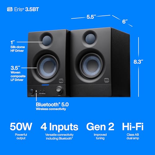 PreSonus Eris 3.5BT Studio Monitors, Pair — 3.5" Inch Powered Bookshelf Speakers, Stereo, Desktop Computer, Near Field Music Production, Audio Mixing Recording - Image 5
