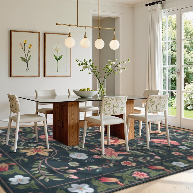 Uphome Indoor Outdoor Area Rug 8x10 ft, Large Floral Patio Rugs for RV Camping Outside, Washable Living Room Mat Non Slip, Breathable Floor Carpet for Bedroom Deck Porch Backyard, Black - Image 2