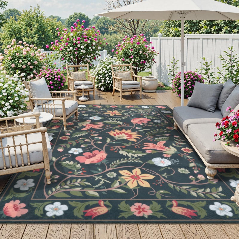 Uphome Indoor Outdoor Area Rug 8x10 ft, Large Floral Patio Rugs for RV Camping Outside, Washable Living Room Mat Non Slip, Breathable Floor Carpet for Bedroom Deck Porch Backyard, Black - Image 1