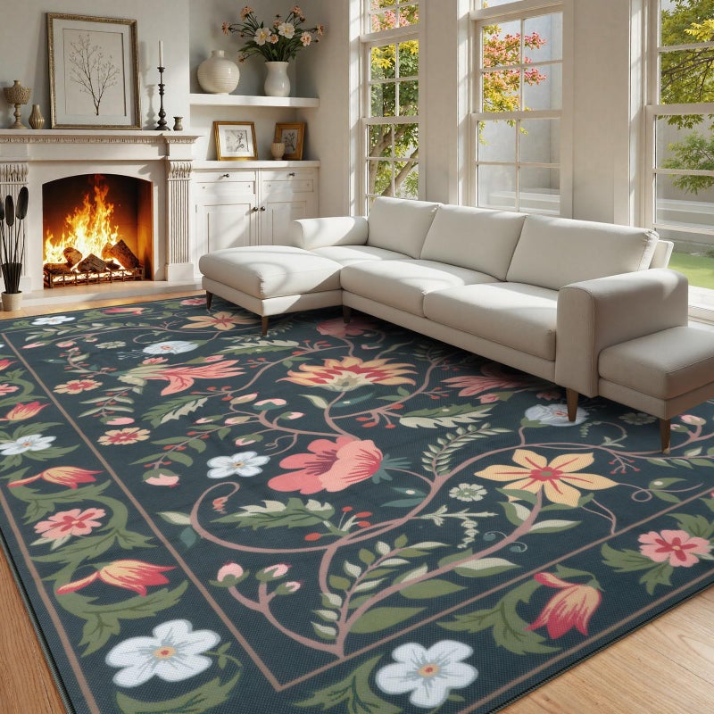 Uphome Indoor Outdoor Area Rug 8x10 ft, Large Floral Patio Rugs for RV Camping Outside, Washable Living Room Mat Non Slip, Breathable Floor Carpet for Bedroom Deck Porch Backyard, Black - Image 5