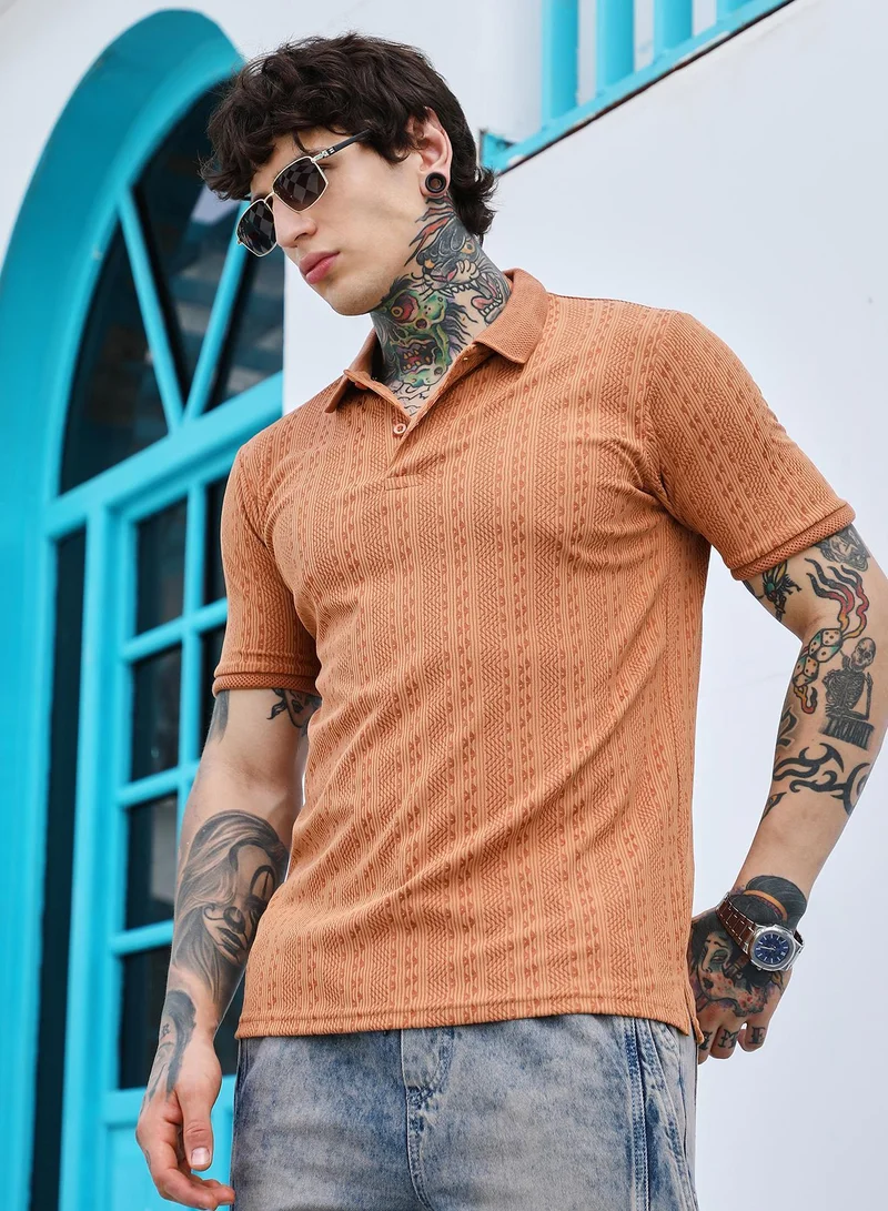 Campus Sutra Campus Sutra Men's Rust Orange Geometric-Folk Knitted Polo T-Shirt | Jacquard Polo Neck , Short Jacquard Cuff Sleeves , Button Closure , Straight Hem | Polyester Blend T-shirt For Casual Wear