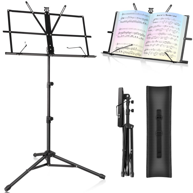 New Bee Music Stand New bee Foldable & Portable Metal Sheet Music Stand with Carrying Bag, Adjustable Podium Stand with Tripod Base and Sheet Music Folder - Black - Image 1