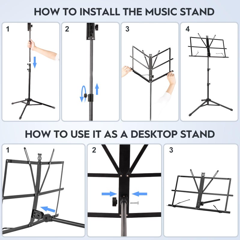 New Bee Music Stand New bee Foldable & Portable Metal Sheet Music Stand with Carrying Bag, Adjustable Podium Stand with Tripod Base and Sheet Music Folder - Black - Image 5