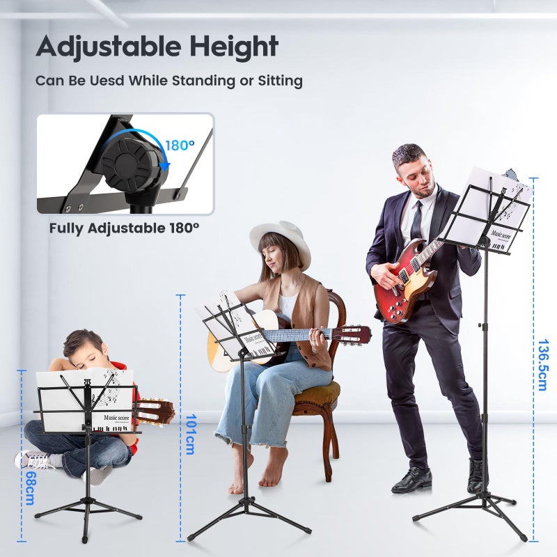 New Bee Music Stand New bee Foldable & Portable Metal Sheet Music Stand with Carrying Bag, Adjustable Podium Stand with Tripod Base and Sheet Music Folder - Black - Image 2