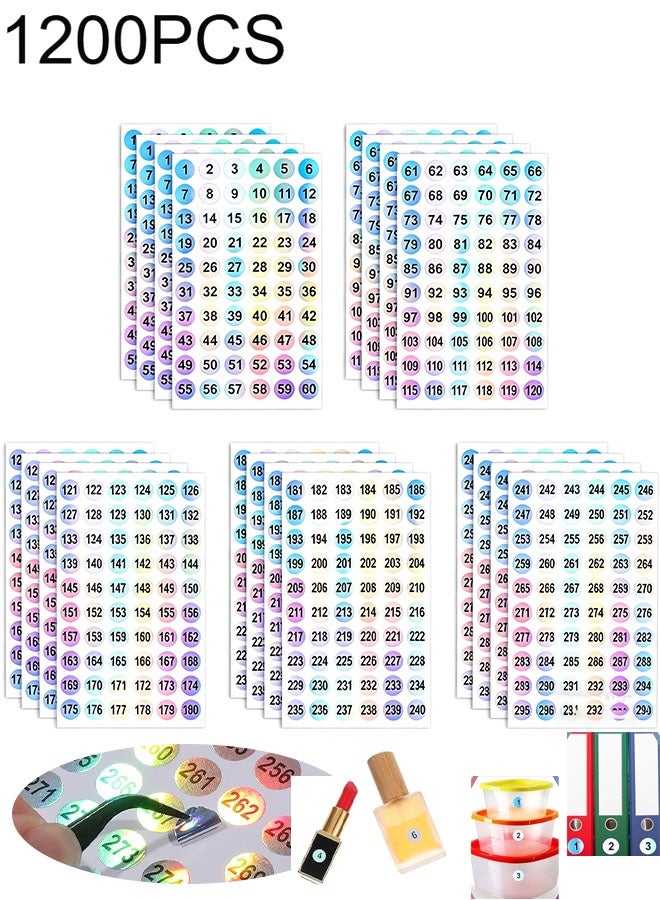 Happy D 25 sheets of 1200PCS number stickers (numbers 1-300), self-adhesive label laser stickers, waterproof round number labels, suitable for office supplies, organizing nail polish bottles, school number stickers, self-adhesive inventory storage organization label stickers - Image 1